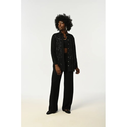 Keten İşlemeli Gömlek - Siyah