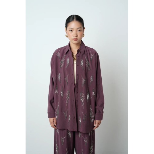 Tensel İşlemeli Gömlek - Mürdüm