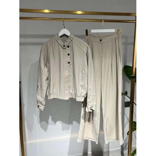 Tensel Düğme Detaylı Takım - Bej