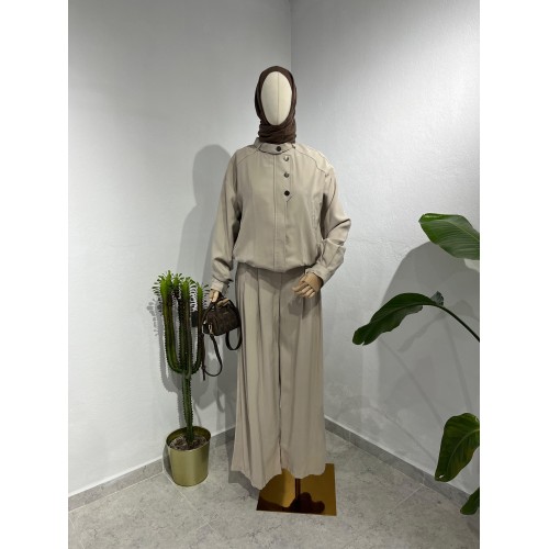 Tensel Düğme Detaylı Takım - Bej