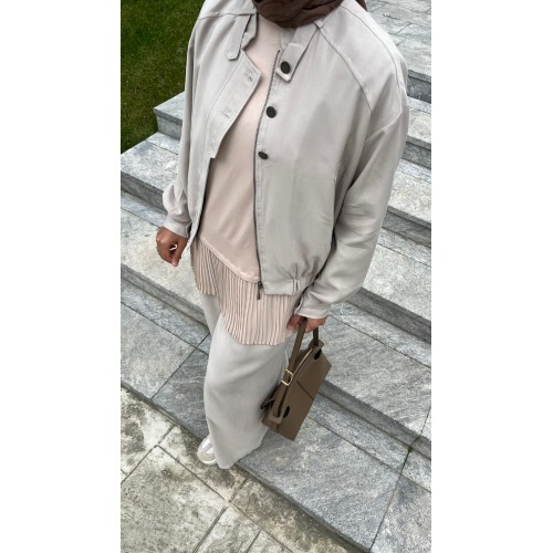 Tensel Düğme Detaylı Takım - Bej