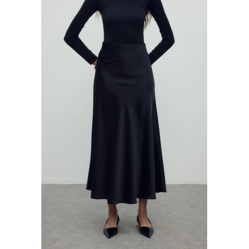 Saten Kloş Etek - Siyah