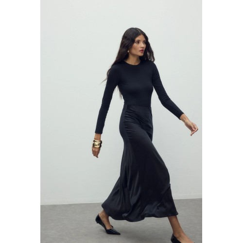 Saten Kloş Etek - Siyah