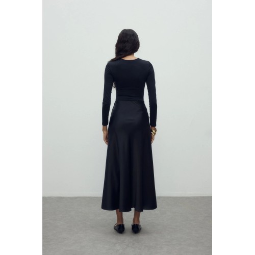 Saten Kloş Etek - Siyah