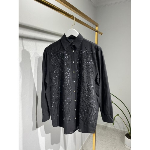 Keten İşlemeli Gömlek - Siyah